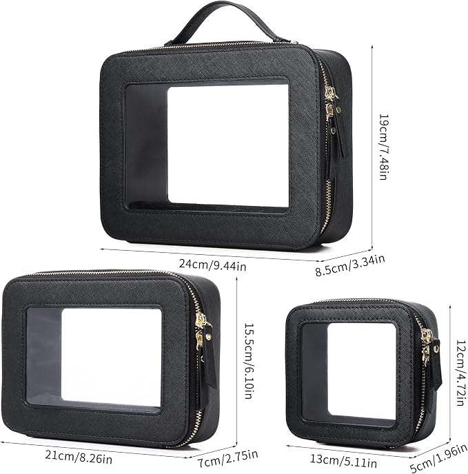 Pinkmik Clear Makeup Bag Waterproof Travel Case for Cosmetics and Toiletries Women's Purse Organizer and Clear Car Bag with Zipper (Black, L+M+MINI) - Image 5