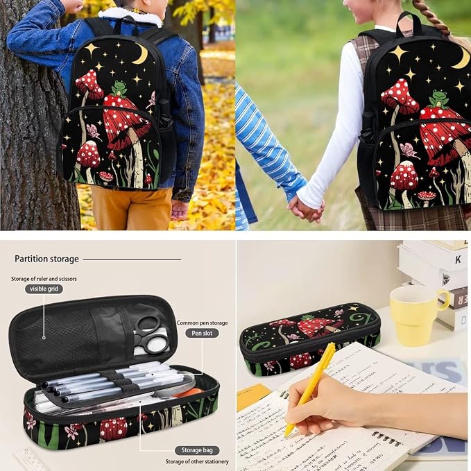 4 PCS Cute Frog Mushroom Backpack Girls Moon Stars Mushroom Schoolbag With Insulated Lunch Bag Crossbody Water Holder Case Pencil Box,Child School Bag Sets for Travel/Sports/Hiking - Image 4