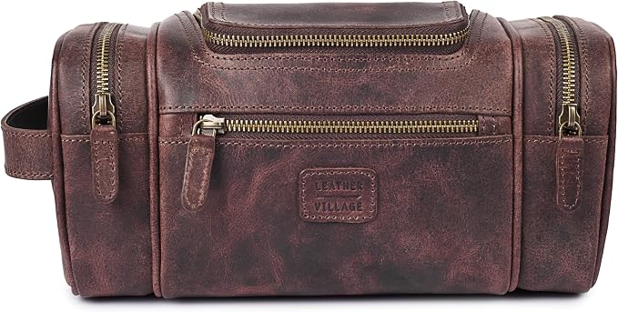 LEATHER VILLAGE Genuine Leather Travel Dopp Kit for Men & Women – Water-Resistant Large-Capacity Hanging Toiletry Bag for Travel, Grooming, Bathroom Organization, Shaving Essentials & Gym Use - Cherry - Image 2
