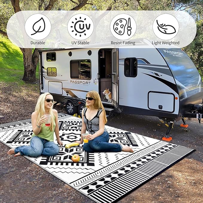 Waterproof Outdoor Rug 9x12ft, Boho Reversible Plastic Straw Mat for Patio RV Deck Porch Backyard Balcony Camping Picnic Beach Indoor Outdoor Carpet, Black&White - Image 5