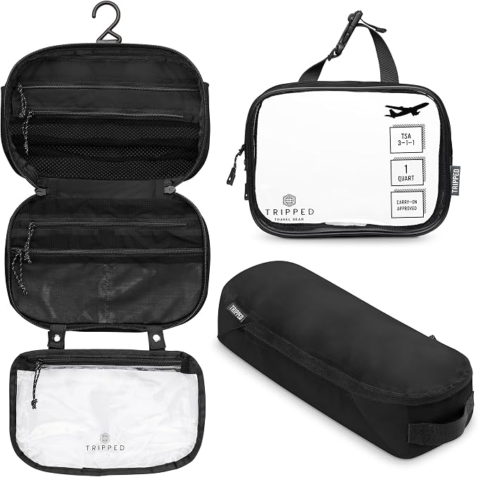 Toiletry Bag Kit 3 Piece Set: Hanging Travel Toiletry Bag + 311 TSA Cosmetic Liquid Bag + Accessory Organizer Pouch by TRIPPEDTravelGear