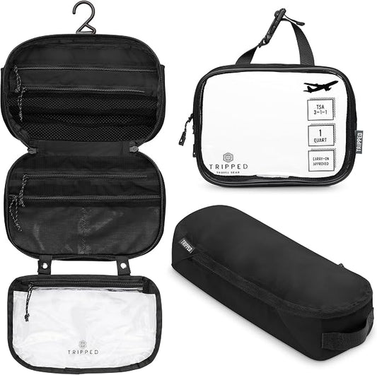 Toiletry Bag Kit 3 Piece Set: Hanging Travel Toiletry Bag + 311 TSA Cosmetic Liquid Bag + Accessory Organizer Pouch by TRIPPEDTravelGear