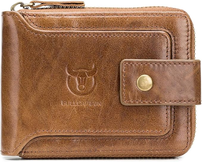 BULLCAPTAIN Genuine Leather Wallet for Men Large Capacity ID Window Card Case with Zip Coin Pocket QB-231 (Brown)
