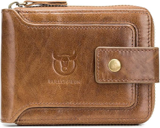 BULLCAPTAIN Genuine Leather Wallet for Men Large Capacity ID Window Card Case with Zip Coin Pocket QB-231 (Brown)