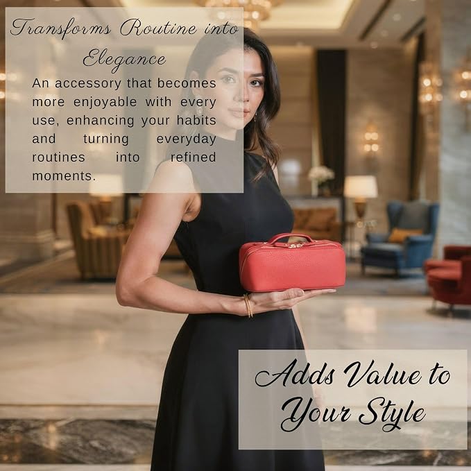 VENOULT Makeup Bag, Spacious Cosmetic Case for Women, Portable 180° Wide-Open Flat Cosmetic Bag, Travel Toiletry Organizer with Handle, Hanmdade, Full Grain Genuine Turkish Leather (Carmine) - Image 9