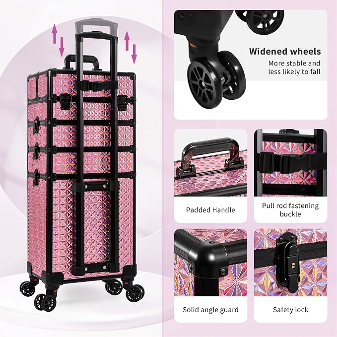 AROUS 5 in 1 Rolling Makeup Train Case with Lid Cosmetology Case on Wheels | Large Cosmetic Trolley Organizer with Keys Salon Barber Case Traveling Cart Trunk for Artist Hairstylists Nail Tech, Pink - Image 5