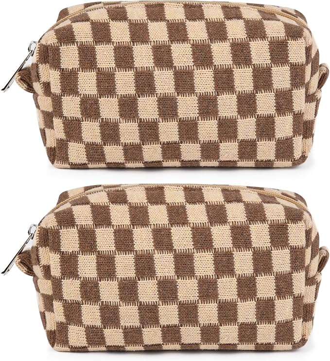 SOIDRAM 2 Pack Checkered Makeup Bag for Women, Cute Makeup Pouch Small Makeup Bag Travel Cosmetic Organizer for Toiletries, Brushes & Skincare by SOIDRAM