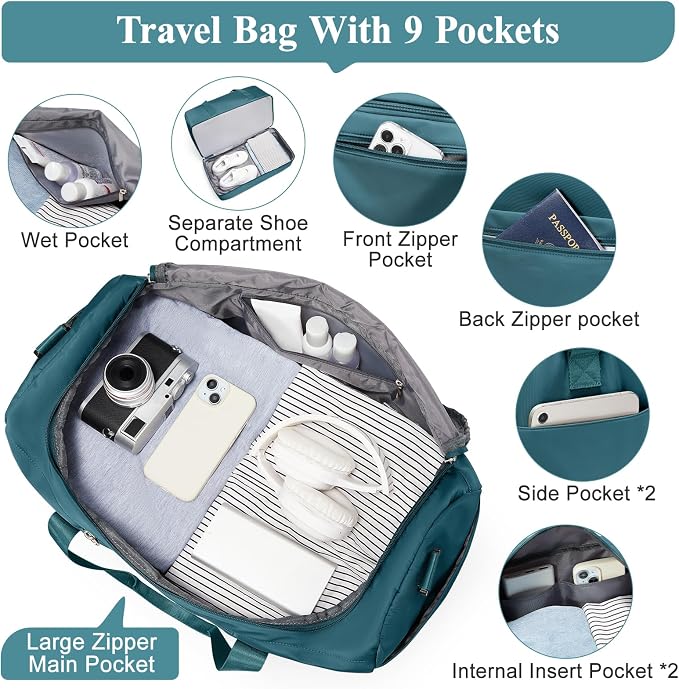 Travel Duffel Bag,Carry-On Overnight Weekender Bags with Shoes Compartment | Travel Bag with Wet Pocket & Luggage Sleeve, For Spirit Airlines 18x14x8 Personal Item Bag,Small,Peacock Blue - Image 4