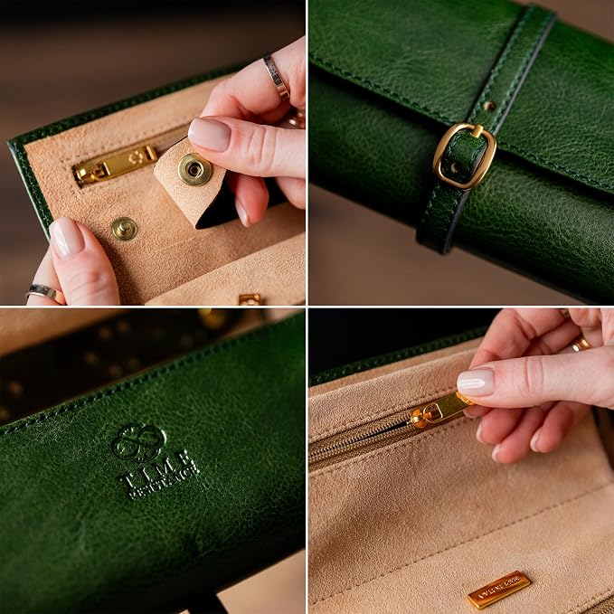Time Resistance Leather Jewelry Roll - Full Grain Leather Travel Jewelry Case - Jewellery Organizer Made in Italy (Green) - Image 5
