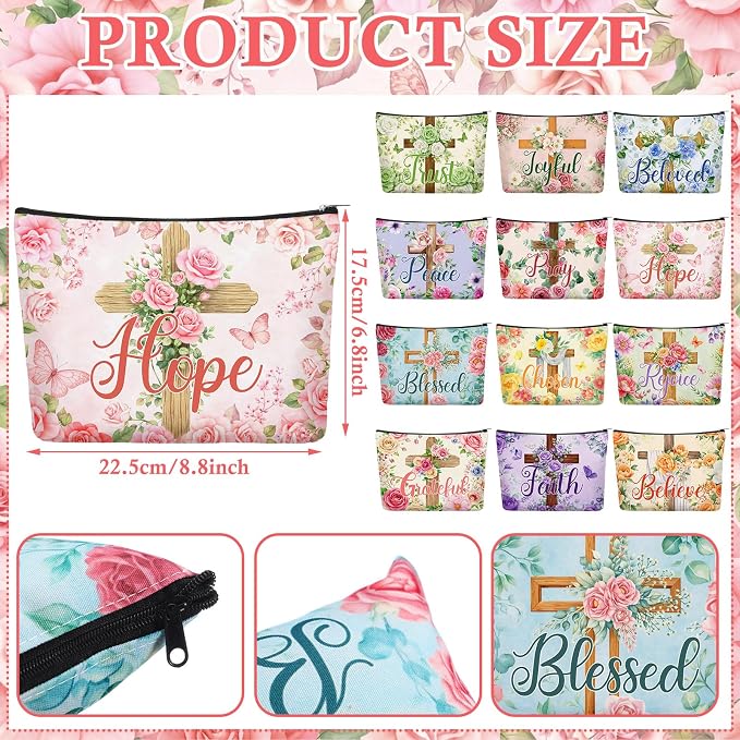 Sweetude 24 Pcs Religious Makeup Bag Bulk Christian Flower Cross Portable Travel Cosmetic Bags with Zipper Cross Waterproof Roomy Travel Toiletry Organizer Storage Beauty Pouch for Women Gifts - Image 3