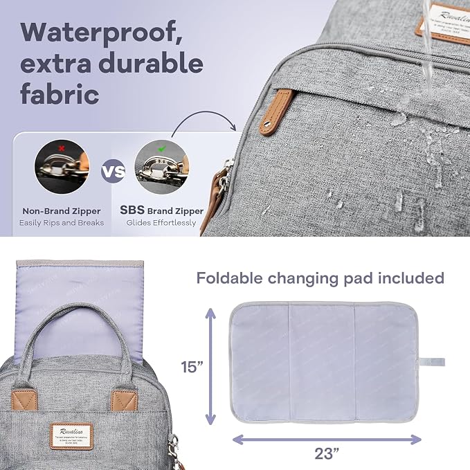 RUVALINO Diaper Bag Backpack-Expandable Baby Bag with up to 50% Capacity -Baby Essentials Bag with Changing Pad Insulated Bottle Holders & Pacifier Case, Waterproof, Gray XL - Image 6