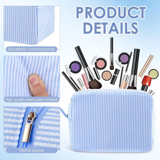 Sanwuta Seersucker Cosmetic Bag Bulk Striped Makeup Bag for Women Aesthetic Cute Travel Toiletry Organizer Preppy Storage Pouch for Wedding Bridesmaid Mother's Day Teacher Gift(Large,Light Blue,6) - Image 5