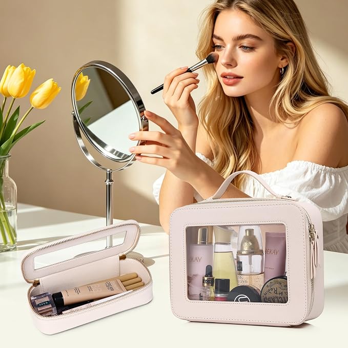 Clear Travel Makeup Bag, Beige, L+Slim | With Brush Bag, Transparent, Waterproof, With Zipper - Image 2