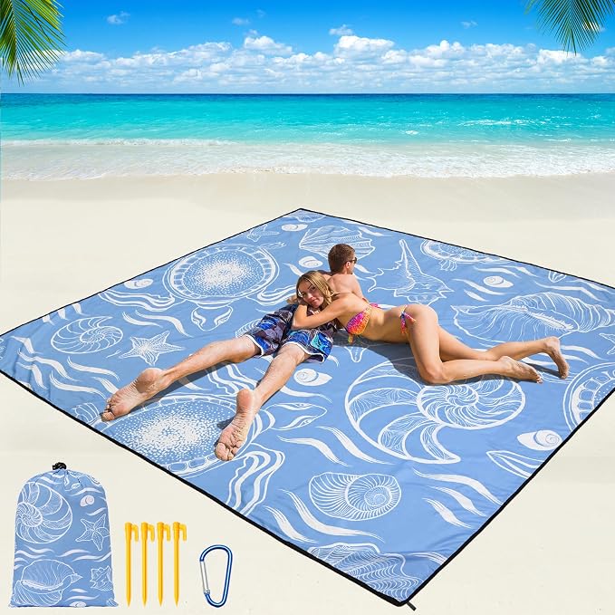 WIWIGO Beach Blanket Waterproof Sandproof Beach Mat 79" X 83"/10'x9'for 2-8 Adults Quick Drying Outdoor Picnic Mat Beach Accessories for Travel, Camping, Hiking by WIWIGO