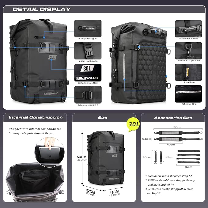 Rhinowalk Motorcycle Tail Bag, Travel Luggage Bags, Waterproof Rear Carrier, Motorcycle Rear Seat Bag Backpack, Rear Rack Trunk - Black 30L - Image 3