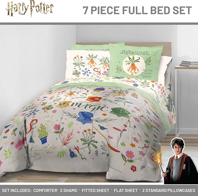 Harry Potter Full Comforter Set 7 Piece Soft Floral Bedding, Multi | Herbology, Bed in a Bag, Comforter Sheets Shams Pillowcases, Official Product, Soft Microfiber, Machine Washable, Easy Care - Image 2