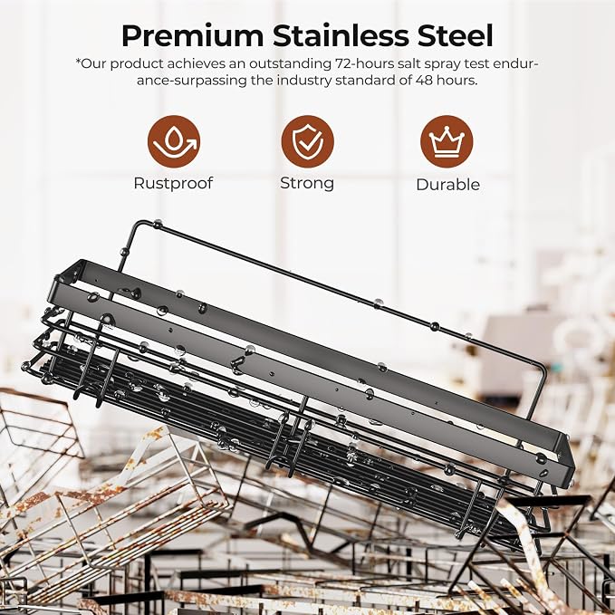 Orimade Adhesive Shower Caddy Soap Dish Holder Shelf with 5 Hooks Bathroom Organizer Basket Kitchen Storage Rack Wall Mounted No Drilling Stainless Steel - 3 Pack, Black - Image 8
