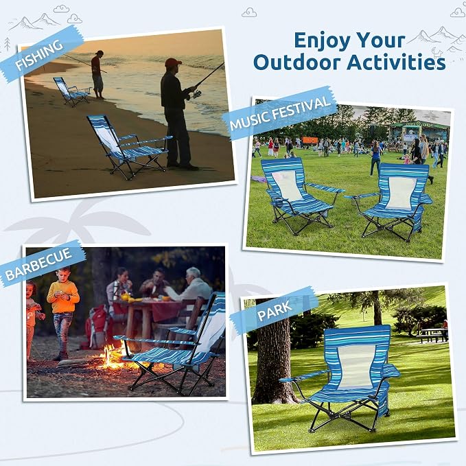 HaSteeL Folding Beach Chair Set of 2, Foldable Striped Camping Chairs for Outside, Low Beach Chair Portable for Adults Fishing, Picnic, Outdoor BBQ, Travel, Sports, Cup Holder & Storage Bag - Image 8