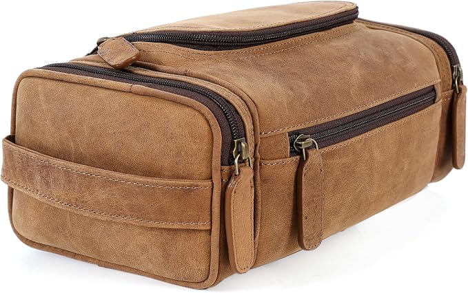 ELIZO Real Leather Toiletry Bag for Men - Large Hanging Travel Organizer for Toiletries, Ideal for Dopp Kit & Shaving Kit for Men, Essential Mens Travel Toiletry Bag for Toiletries (Saddle) by Elizo