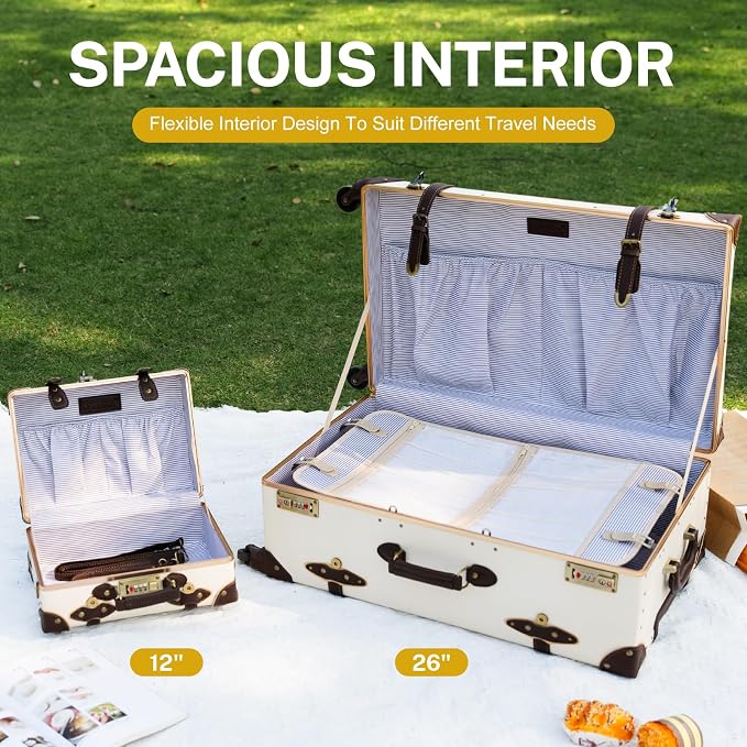 urecity 26" Vintage Luggage Set, 2 Piece Holy White Retro Checked Suitcase with Cosmetic Case, Luxury Vegan Leather Aluminum Frame Spinner Trunk for Women (with Protective Clear Cover) - Image 2