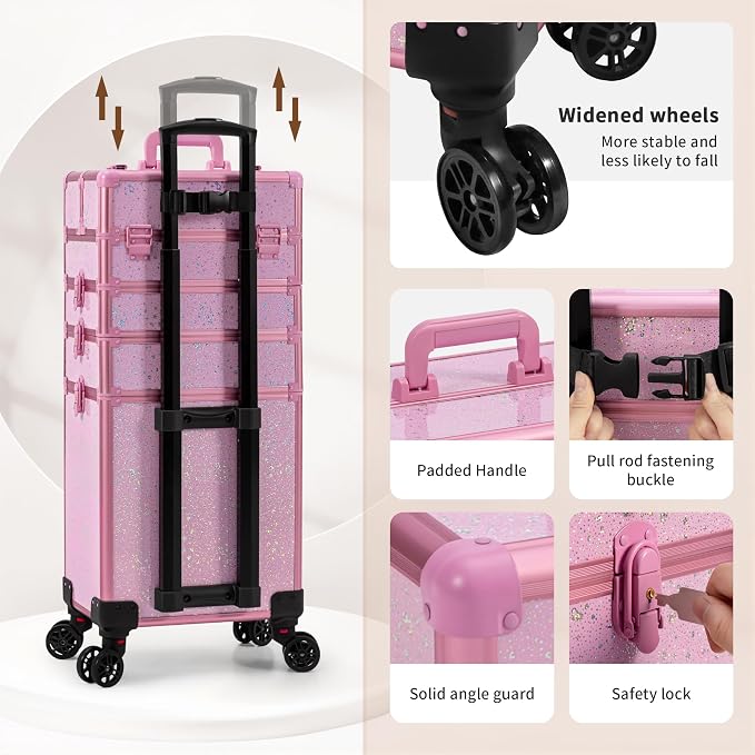 AROUS Rolling Makeup Train Case Large Storage Cosmetic Trolley 5 in 1 Large Capacity Trolley Makeup Travel Case with Key Swivel Wheels Salon Barber Case Traveling Cart Trunk, Pink - Image 5