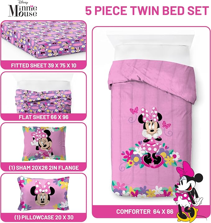 Disney Minnie Mouse Twin Comforter Set 5 Piece Kids Cartoon Bedding, Pink | Bed in a Bag, Comforter Sheets Sham Pillowcase, Official Brand, Soft Microfiber, Machine Washable, Easy Care, Girls Gift - Image 3