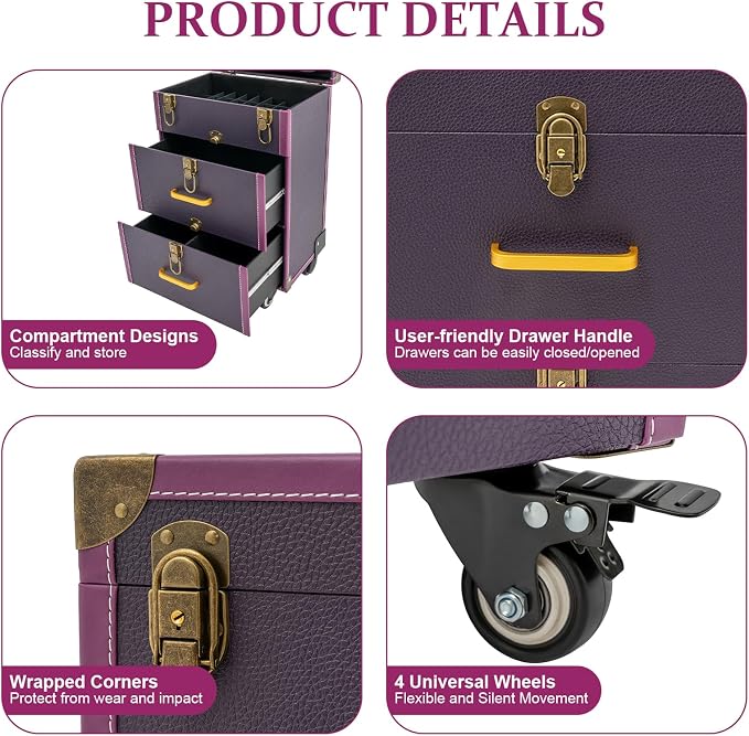 Rolling Makeup Case Cosmetic Train Case Trolley Storage Polish Organizer Purple - Image 4