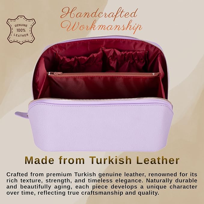 VENOULT Makeup Bag, Spacious Cosmetic Case for Women, Portable 180° Wide-Open Flat Cosmetic Bag, Travel Toiletry Organizer with Handle, Hanmdade, Full Grain Genuine Turkish Leather (Mauve) - Image 4