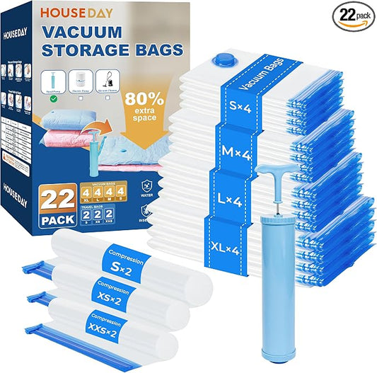 HOUSE DAY 22 Pack Vacuum Storage Bags with Pump,Space Saving Vacuum Seal Bags For Clothing Travel,4 Jumbo/4 Large/4 Medium/4 Small, 2S/2XS/2XXS Roll Up Bags, Hand Pump Included, Sealer Clothes Storage by HOUSEDAY