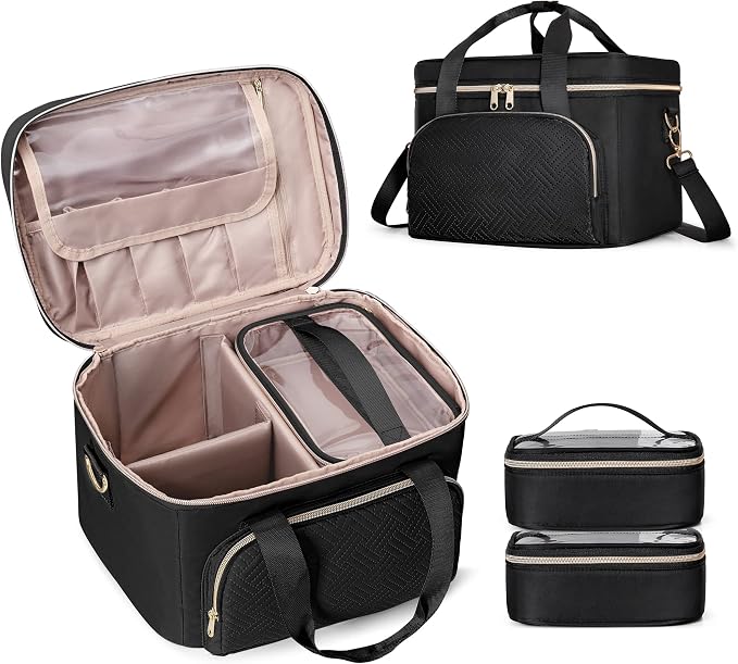 Large Makeup Bag for Women, Cosmetic Case, Travel Makeup Organizer | Large Cosmetic Case with 2 Pouches & Adjustable Dividers, Makeup Organizer Fits Bottle Vertically, Portable Travel Accessory by Prokva