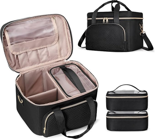 Large Makeup Bag for Women, Cosmetic Case, Travel Makeup Organizer | Large Cosmetic Case with 2 Pouches & Adjustable Dividers, Makeup Organizer Fits Bottle Vertically, Portable Travel Accessory by Prokva