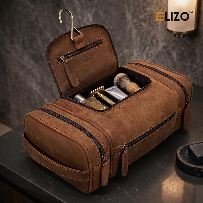 ELIZO Real Leather Toiletry Bag for Men - Extra Large Hanging Travel Organizer for Toiletries, Ideal for Dopp Kit & Shaving Kit for Men, Essential Mens Travel Toiletry Bag for Toiletries (Saddle) - Image 6