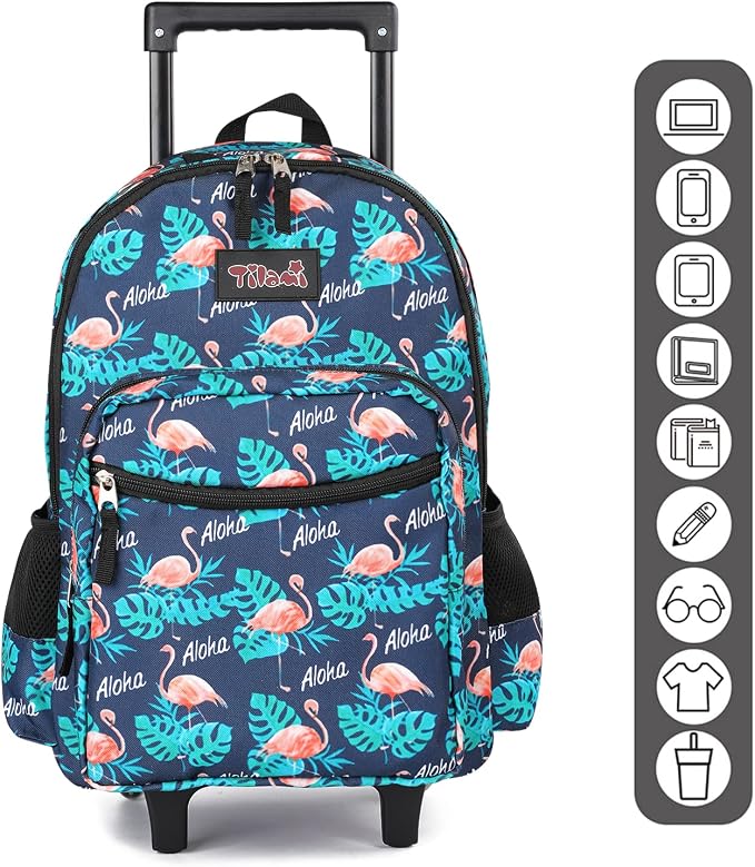 Tilami Rolling Backpack 18 inch Double Handle with Lunch Bag Wheeled Kids Backpack, Flamingo Black - Image 3