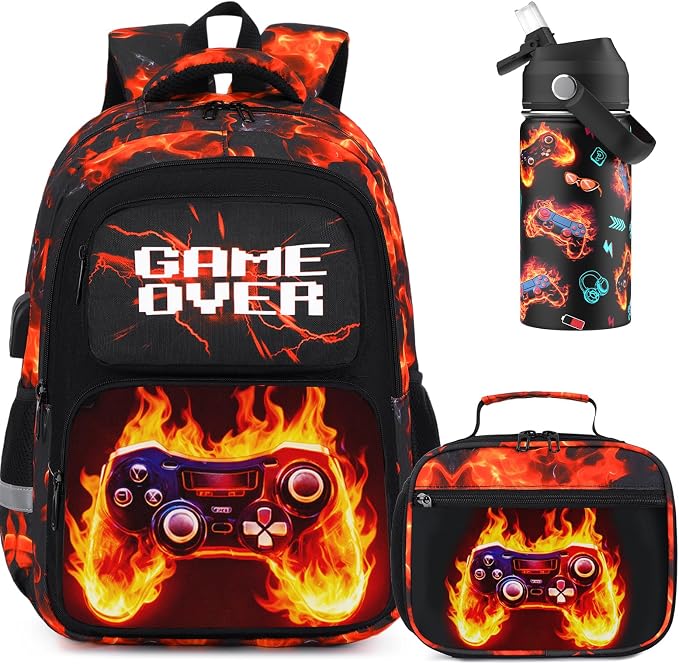Bevalsa Kids Backpack for Boys with 14oz Insulated Bottle, Gamer Backpack School Bags for Kids & BPA-FREE Stainless Steel Metal Bottle for Elementary Middle School Student (Orange Flame) by Bevalsa