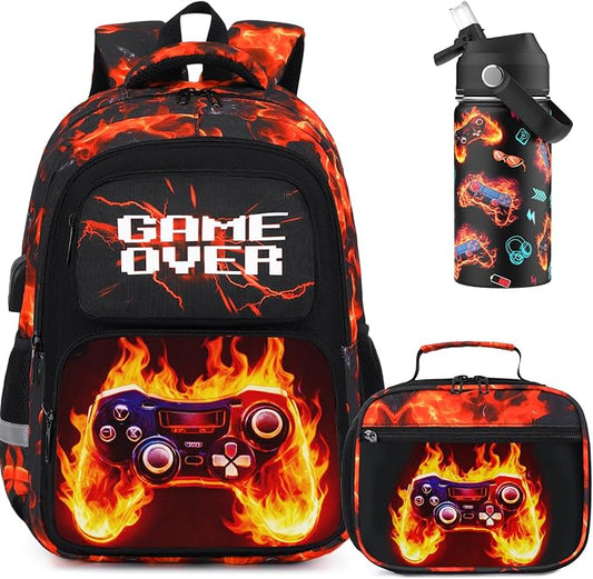 Bevalsa Kids Backpack for Boys with 14oz Insulated Bottle, Gamer Backpack School Bags for Kids & BPA-FREE Stainless Steel Metal Bottle for Elementary Middle School Student (Orange Flame) by Bevalsa