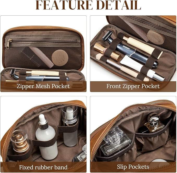 S-ZONE Leather Travel Toiletry Bag for Men Women Cosmetic Shaving Bags | Vintage Top Grain Leather, Multi Compartments, Bronze Hardware, Compact Dopp Kit - Image 3