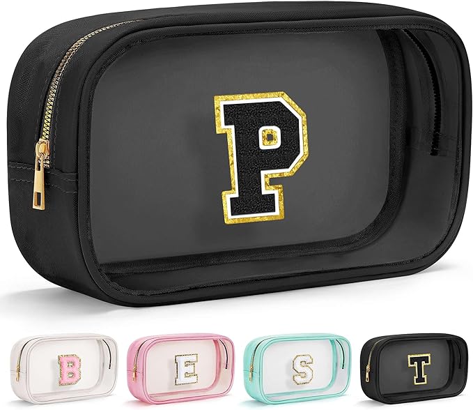 YOOLIFE Travel Toiletry Bag for Women, Black Clear Makeup Bag Cute Make Up Bag Cosmetic Bags Skin Care Makeup Bag Organizer Birthday Gifts for Women Teacher Mother Girlfriend Initial P
