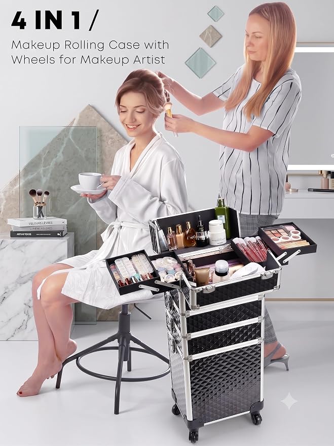 4-in-1 Cosmetology Case on Wheels Portable Rolling Makeup Train Case | Rolling cart for cosmetic supplies, Portable storage for makeup artists/hairstylists/nail technicians/beauty enthusiasts - Image 2