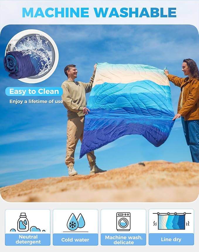 KingCamp Ultralight Camping Blanket, Packable Down Alternative Puffy Printed Wearable Blanket with Snap Buttons & Corner Loops Weatherproof Quilt for Outdoor Travel (78.7" x 57.1", Cyan/Orange) | Down Alternative Puffy Printed Blanket with Snap Buttons... - Image 9