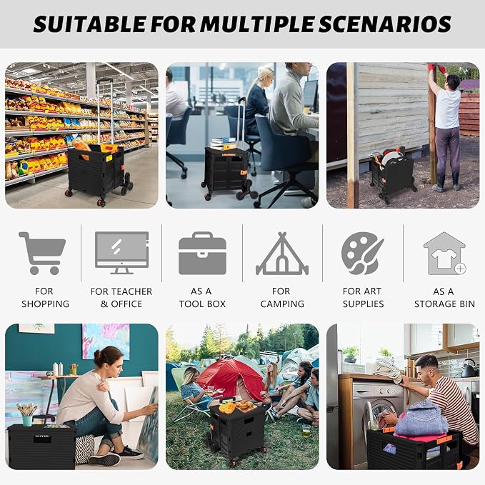 FELICON SELORSS Folding Utility Climber Cart Portable Rolling Crate-Black | Stair Climbing Wheels+360°Swivel Wheels,Telescoping Handle,Plastic Box Dolly for Travel Shop Move Laundry Office Teacher Use - Image 5