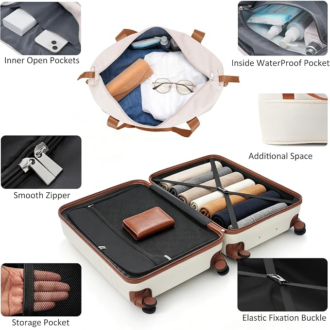 4-Piece Luggage Set, Suitcase with TSA Lock Travel Duffel Bag Wet-Dry Toiletry Bag, Ivory Front-Opening - Image 4