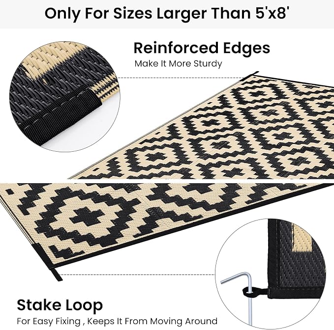 Smiry Waterproof Outdoor Rug 8x10 ft, Reversible Plastic Straw Patio Camping Rugs, Outdoor Indoor RV Mat Carpet for Patio, Outside Entry, Backyard, Deck, Bench, Picnic, Camper, Black & Beige - Image 4