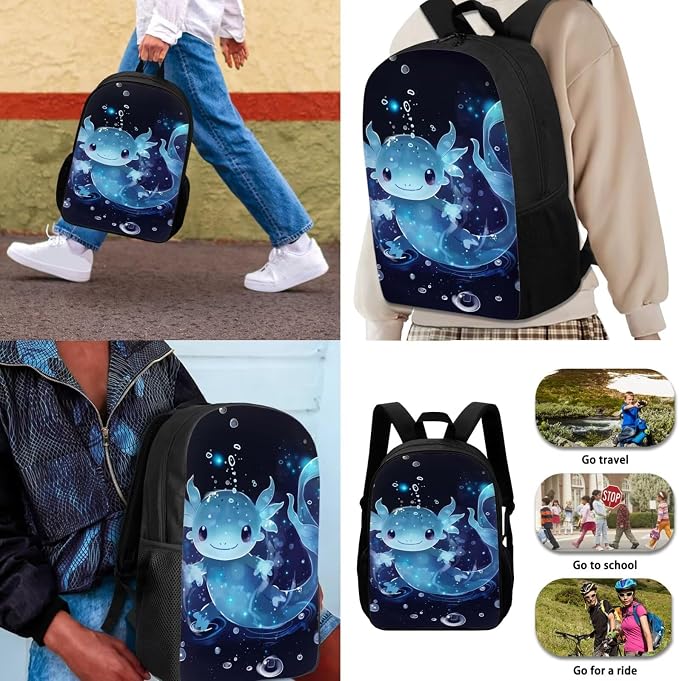 Personalized Blue Axolotl Backpack for School Girls 3rd Grade Preppy with Lunch Box Set 4 in 1 Elementary Custom Bookbag Lunchbox Pencil Case Water Bottle Holder 17in Back Pack Book Bags - Image 3