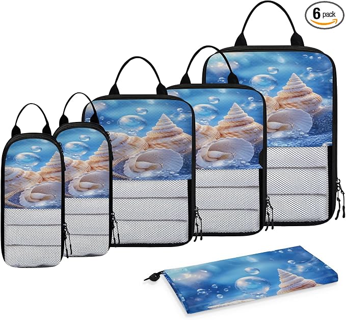 Seashell Compressible Packing Cubes for Suitcase 6 Set Lightweight Expandable Compression Packing Travel Luggage Organizer by BICUUZHI