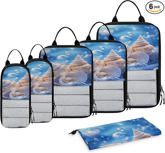Seashell Compressible Packing Cubes for Suitcase 6 Set Lightweight Expandable Compression Packing Travel Luggage Organizer by BICUUZHI
