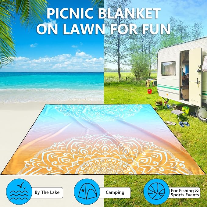 Beach Blanket Sandproof Extra Large Beach Mat Adults Waterproof Quick Drying Sand Free Mat Made by Premium Polyester with 4 Stakes & 4 Corner Pockets for Outdoor Travel Camping Hiking - Image 5