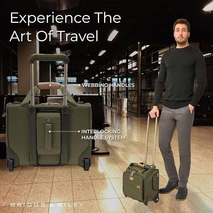 Briggs & Riley 2-Wheel Cabin Bag - Carry On Luggage for Travel, Suitcases with Wheels, Softside Rolling Bag for Men & Women, Interlocking Handle, Self-Repairing Zipper - Baseline Collection, Olive - Image 5