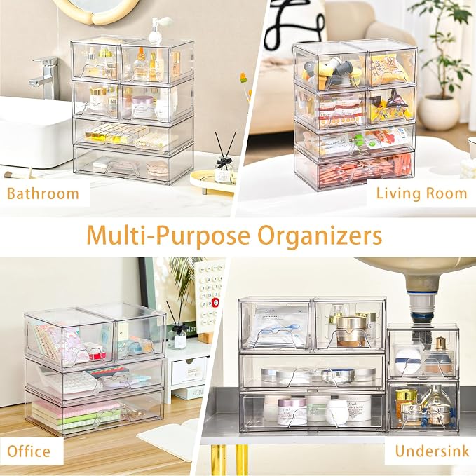 Stebopum 4 Pack Stackable Storage Drawers Clear Acrylic Organizer Bathroom Makeup Organizer and Storage for Beauty Supplies,Ideal for Vanity, Bathroom,Cabinet,Pantry Organization - Image 6