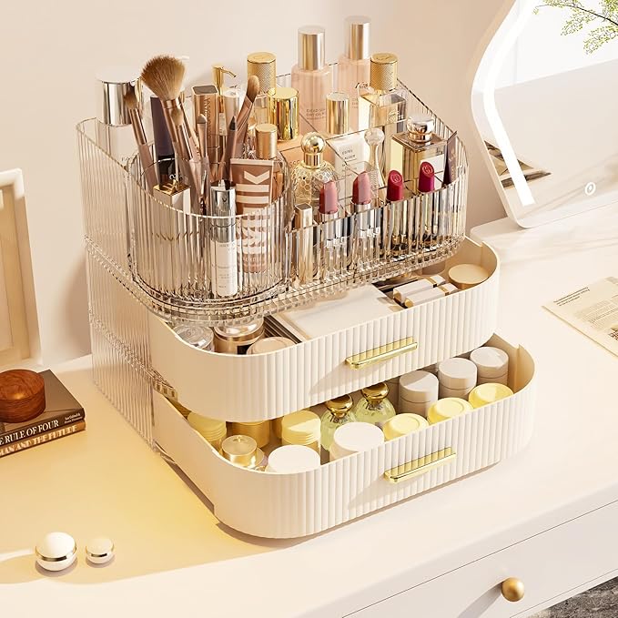 Makeup Organizer with 360 Rotating Brush Holder and Stackable Drawers, Cosmetic Display Case for Vanity, Bathroom Countertop (White, 3 Layer) - Image 3