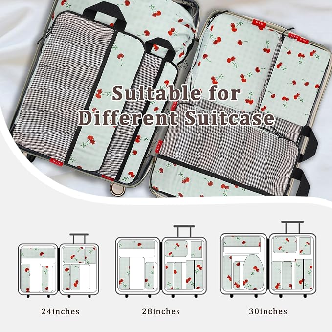 U+U 10 Set Compression Packing Cubes - Ultralight Travel Organizers with Laundry Bag and Cosmetic Bag, Space-Saving Suitcase Organizer for Travel, Business Trip and Family Vacation (Sage Green Cherry) - Image 6
